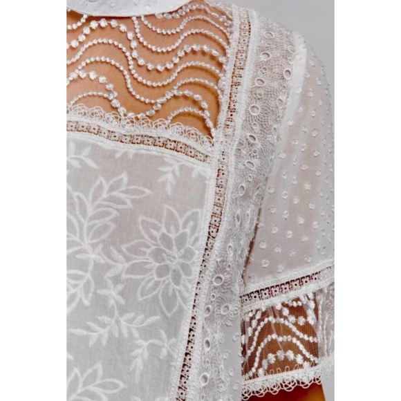 POL White Victorian Inspired Lace & Swiss Dot Short Sleeve Top - Picture 2 of 6